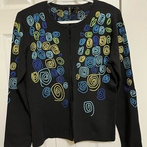 Colorful Spiral Embroidered Black Cardigan Sweater